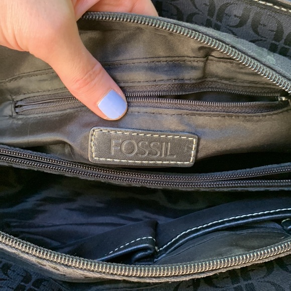 Vintage Fossil Shoulder bag large black leather canvas silver hardware Y2K - Picture 12 of 15